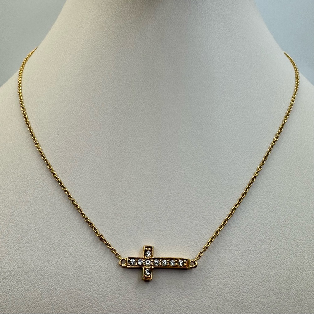 Gold Tone Crystal Cross Necklace | Dainty Faith Jewelry